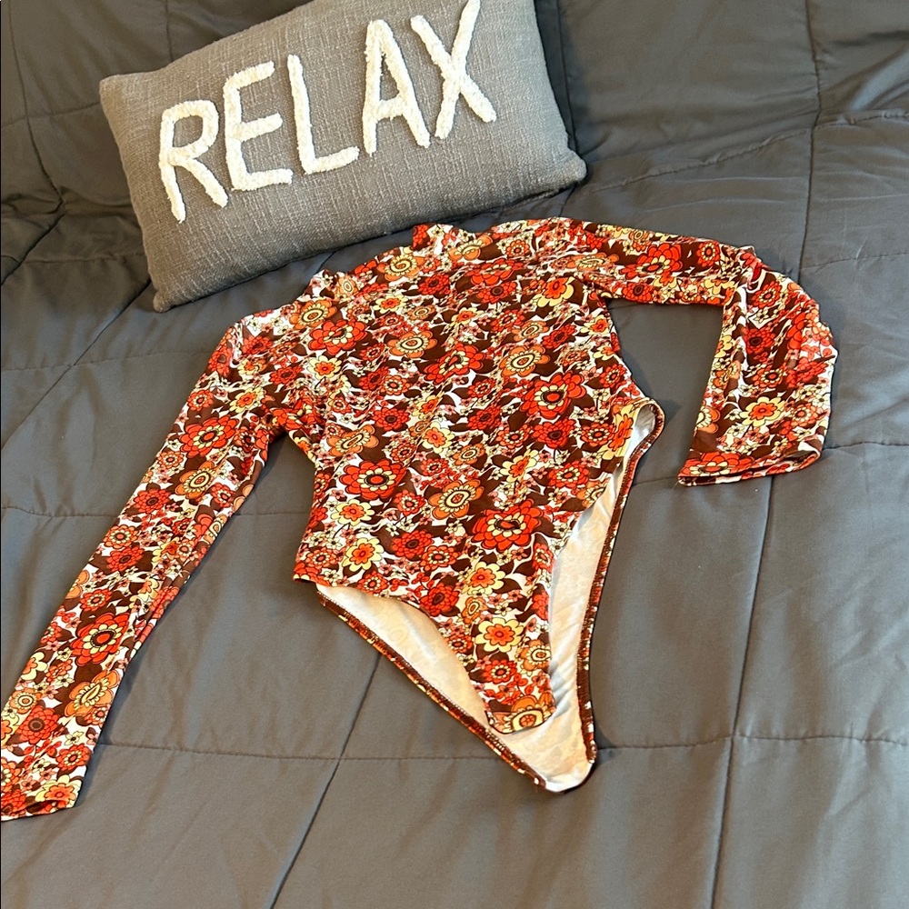 Floral Long Sleeve Bodysuit - Multicolor Gypsy Couture L NEW Boho Orange Brown - Picture 6 of 7